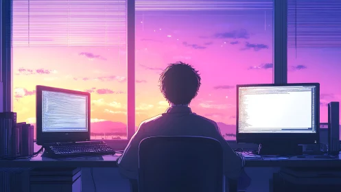 Programmer gazes at sunset sky beyond glowing dual screens