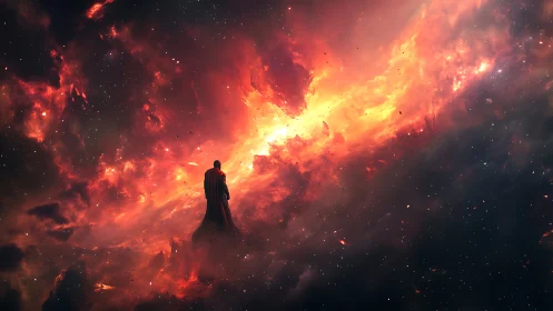 Solitary cloaked figure silhouetted against erupting cosmic nebula