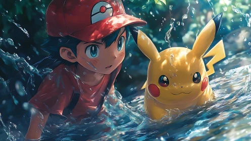 River-sparked partners wade forward through glittering spray