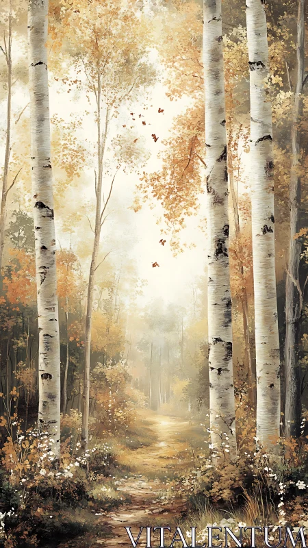 Autumn birch forest path rendered in soft atmospheric watercolor