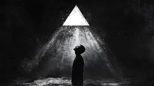 Backlit silhouette beneath luminous triangular light beam