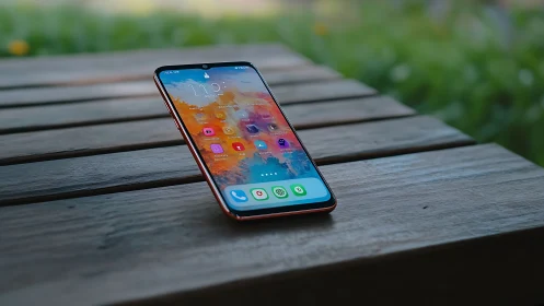 Consumer Technology Smartphone Display on Wooden Surface.
