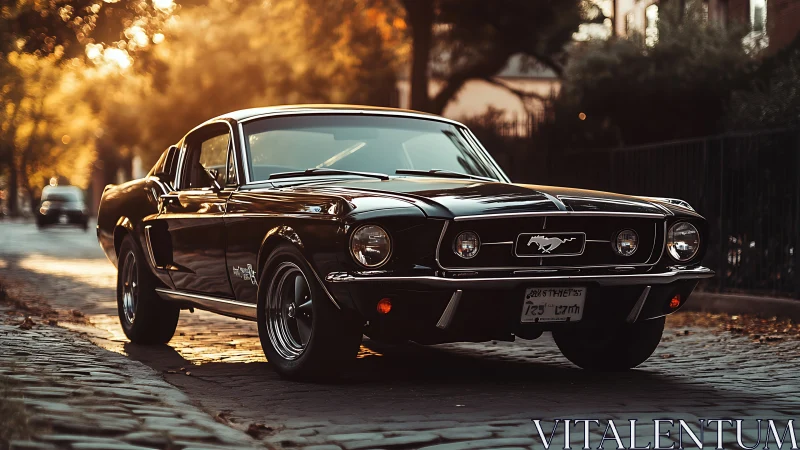 Classic black muscle car parked on sunlit cobblestone street.