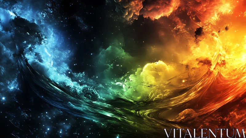 Cosmic tides swirl, painting nebulae in prismatic tempests