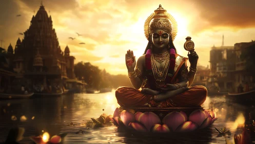 Radiant river deity on lotus at sunset over temple ghats.