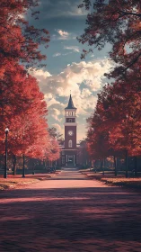 Symmetric autumn campus avenue framing central clock tower.