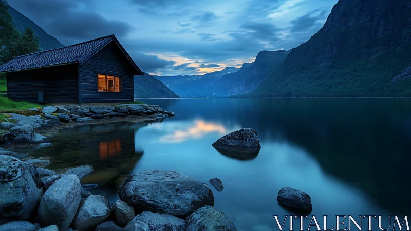 Lakeside cabin at blue hour with still fjord reflections.