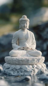 White Buddha statue sits on lotus pedestal in shallow water