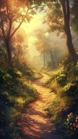 Sunlit forest path glowing with golden luminescence and tranquility.