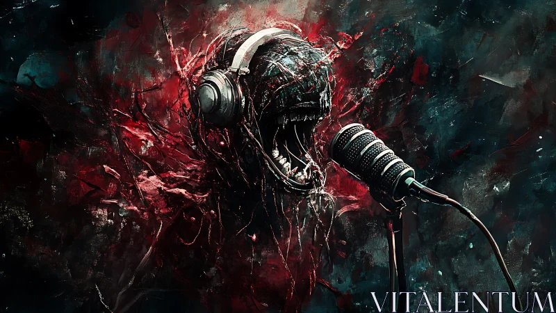 Monstrous figure in headphones before studio microphone.