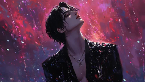 Male figure in glossy jacket against vivid abstract lights