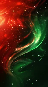 Red and green light trails with particle field on dark background.