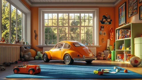 Orange toy car centerpiece inside sunlit children’s room.