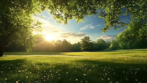 Backlit meadow landscape with low sun, tree canopy, wildflowers