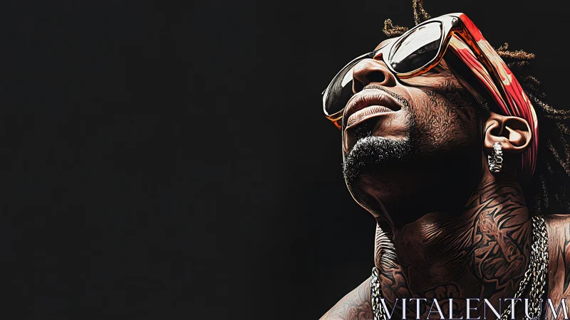 High-contrast digital portrait of tattooed man in sunglasses.