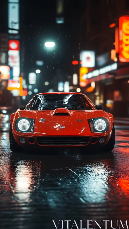 Red sports car is parked on wet city street at night