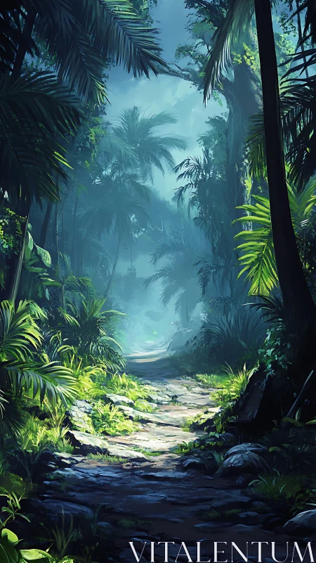 Volumetric Rainforest Corridor: Digital Rendering with Atmospheric Depth and Radial Path Composition