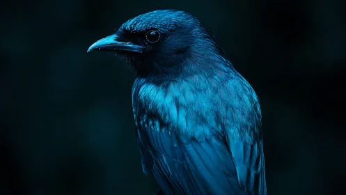 Striking blue-lit portrait of a bird in dramatic low-key style.