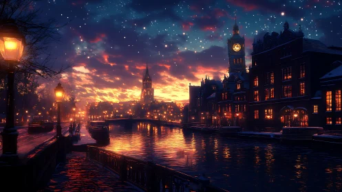 Snowlit canal city under glowing sunset sky at dusk.