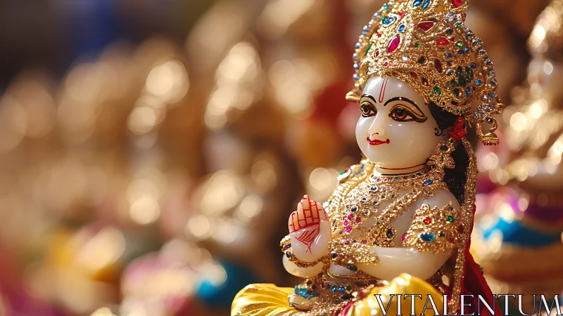 Photorealistic jeweled Hindu deity figurine with bokeh field.