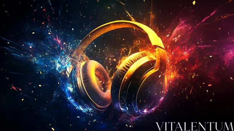 Glowing over-ear headphones emit chromatic particle burst in space