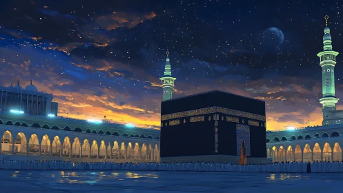 Digital night view over Kaaba courtyard under starry sky.