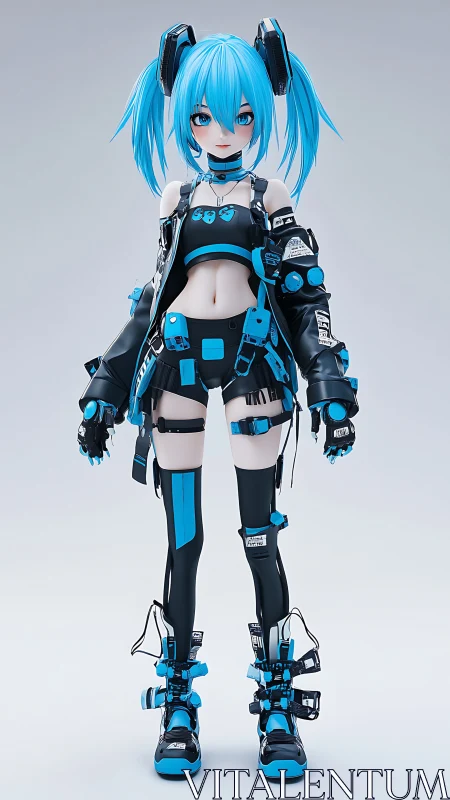 Futuristic blue haired anime girl in techwear outfit.