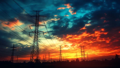 High-voltage transmission towers against saturated sunset sky