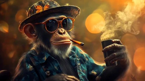 Sunset lounge chimp in shades, smoke, and soft bokeh glow.