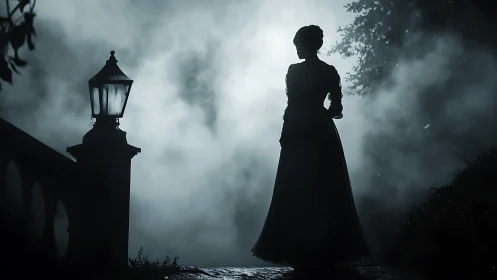 Mystery woman pauses by a foggy lamplight bridge at night.