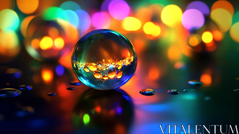 Colorful glass sphere with vivid bokeh reflections.