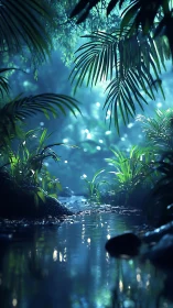 Moonlit jungle stream where quiet water cradles light.