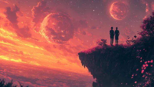 Two silhouettes hold the horizon while twin moons rise