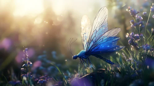 Dreamy blue dragonfly resting in soft glowing meadow.