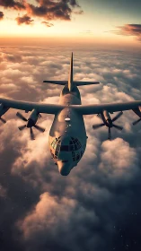 Military cargo aircraft flies above dense clouds at sunset