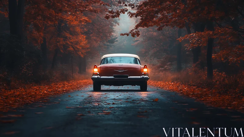 Vintage car glides through a misty autumn forest road.