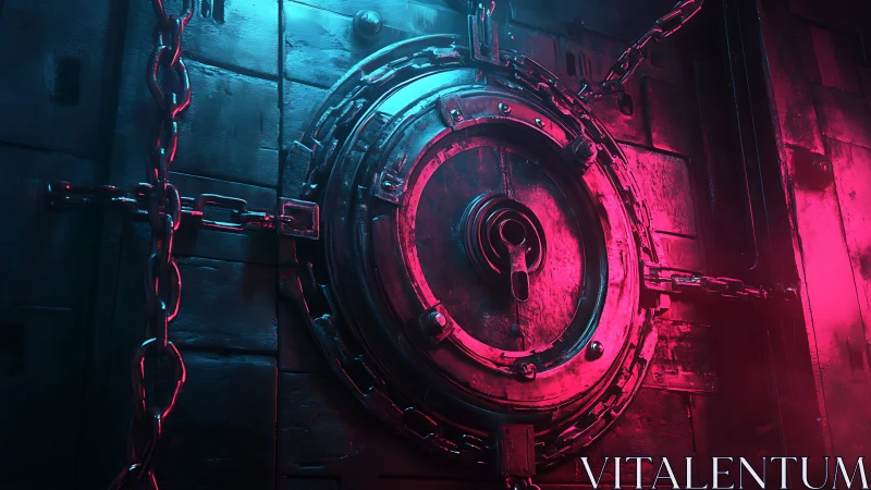Neon cyber vault door with chains and circular lock.