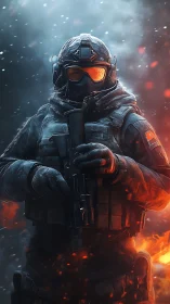Armored tactical soldier with rifle in fiery combat scene.