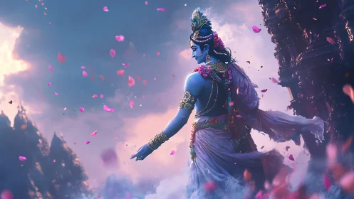Graceful blue deity walks through swirling rose petal sky