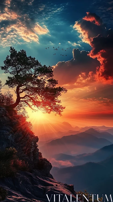 Solitary cliffside tree silhouettes against radiant sunset sky