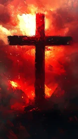 Luminous cruciform silhouette amid incendiary red nebula