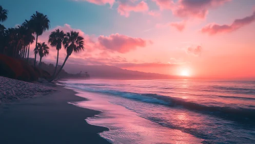 Cotton-candy sunset tide washing a palm-lined dream shore.