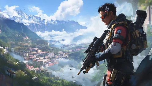 Futuristic scout overlooks mountain city from high ridge.