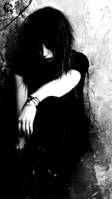 Emo figure in stark black and white against cracked wall.