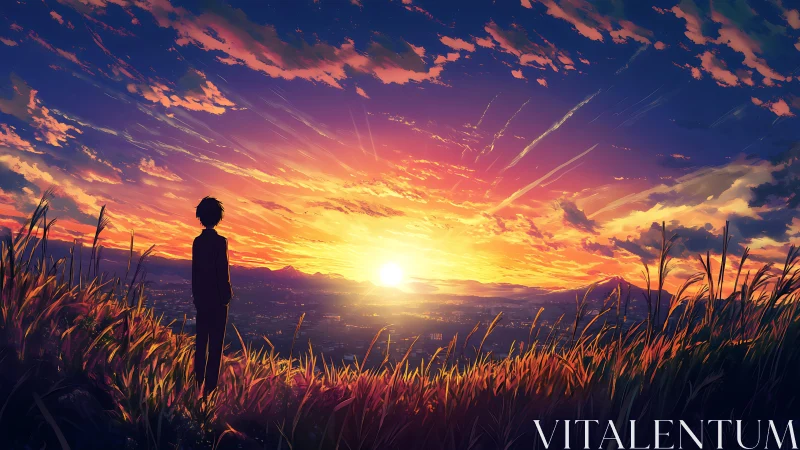 Anime sunset panorama with solitary figure on hillside ridge.