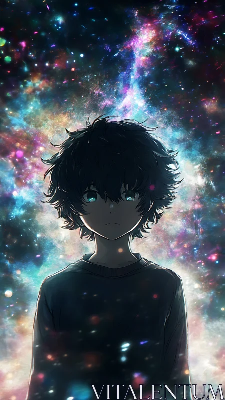 Starry cosmic backdrop framing solitary anime boy silhouette.
