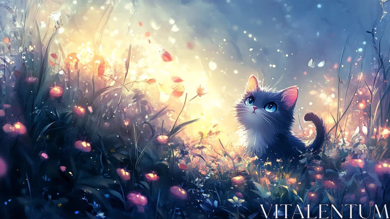 Luminescent Cat Amid Glowing Flora. Digital Fantasy.
