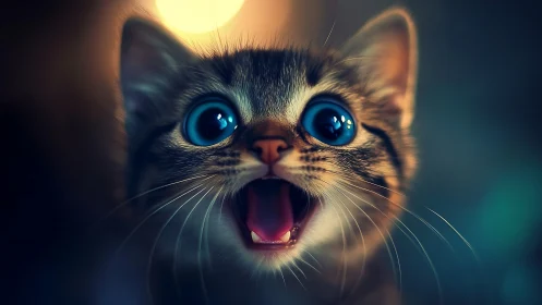 Wide-eyed kitten gazes upward with glowing bokeh behind