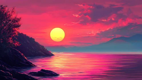 Vivid pink ocean sunset against dark rocky coastline.