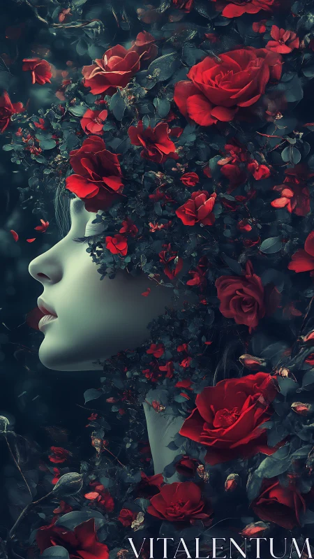 Silent pale profile merges with dense halo of crimson roses